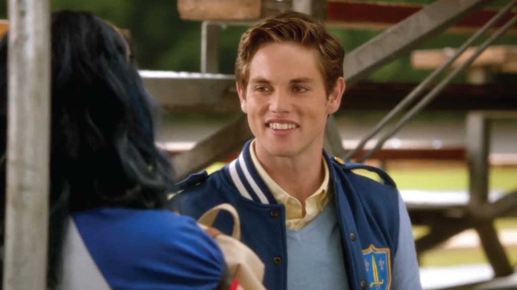 Chad from Disney's Descendants is talking to Evie in this still from the movie