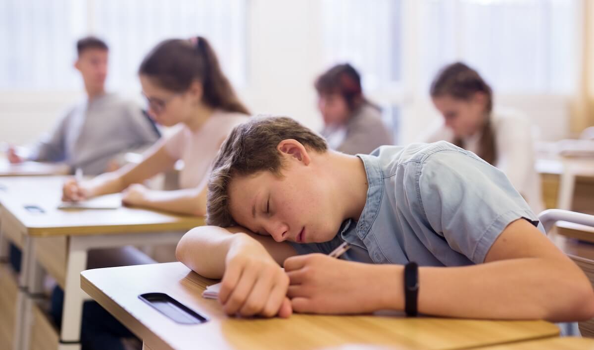 Shutterstock: Tired bored teenage school boy sleeping at desk in classroom