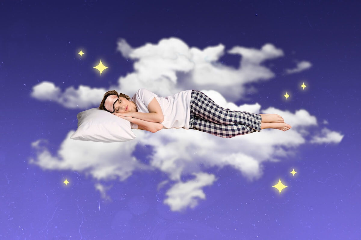 Shutterstock: Creative photo collage of relaxed sleeping young attractive girl tired wear pajama nightmask pillow heaven imagination isolated on painted background