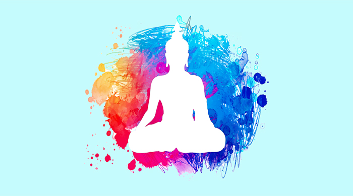 Animated girl meditating and surrounded by color