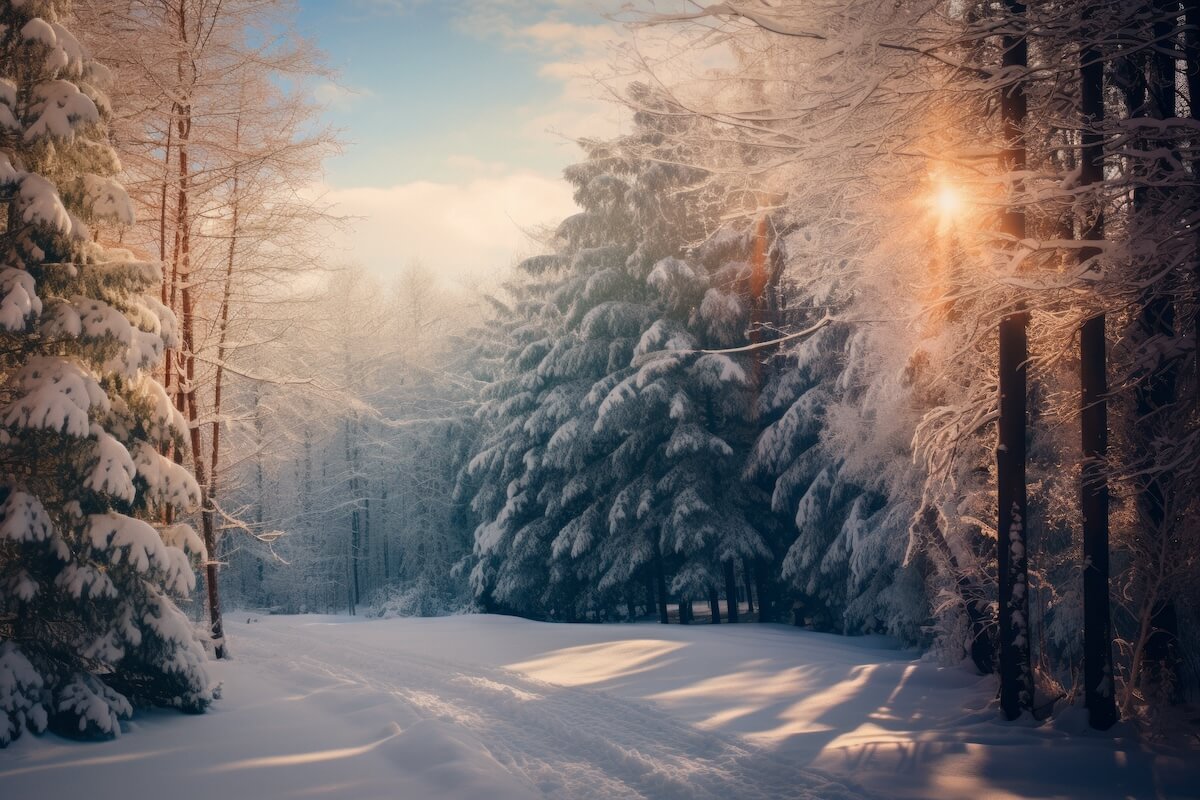 Shutterstock: Dreamy Winter Landscape, snow and sun, surrounded by trees. Lapland, Christmas.