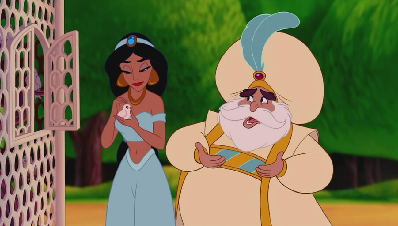 Aladdin: Jasmine holds a bird while talking with the sultan about seeing the world