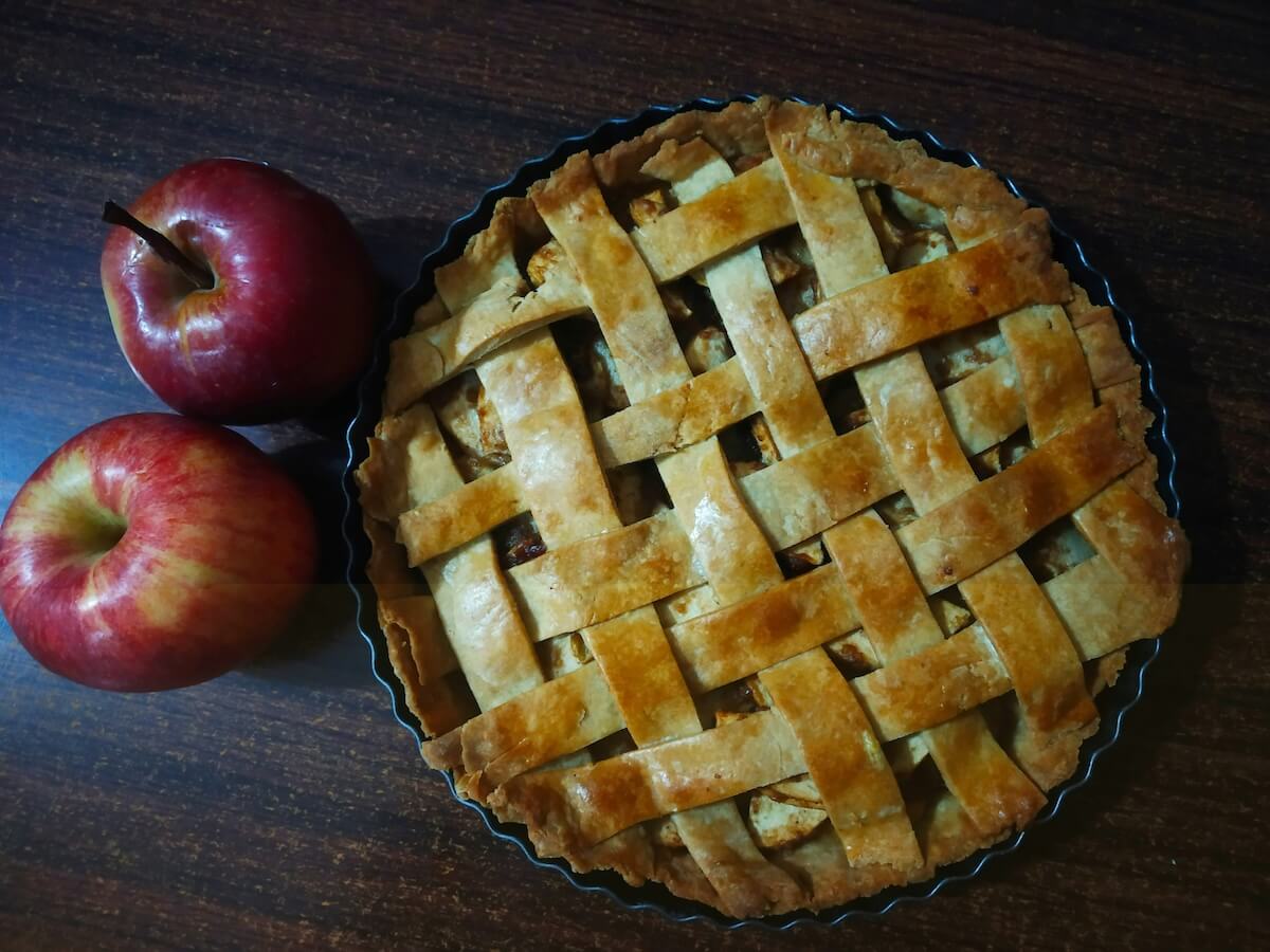 Unsplash: Overhead view of latticed apple pie by Kavya P K