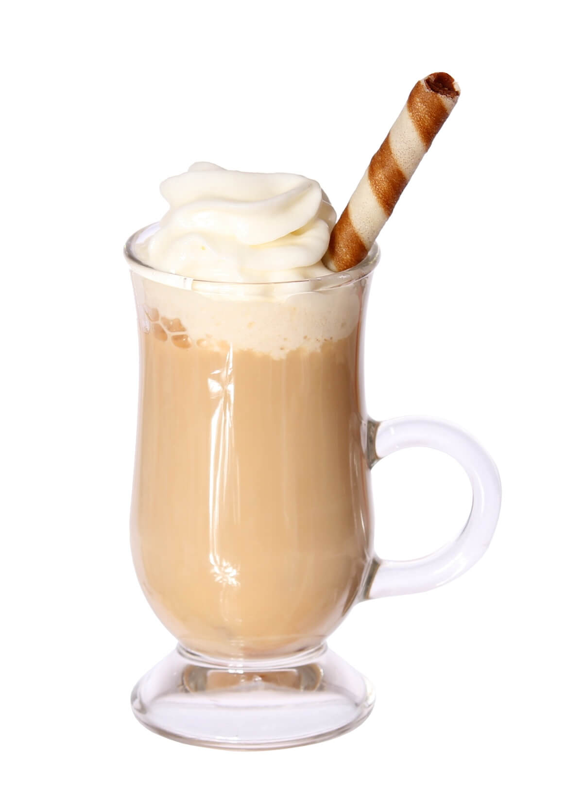 Shutterstock: Coffee Latte in glass irish mug with wafer isolated on white background