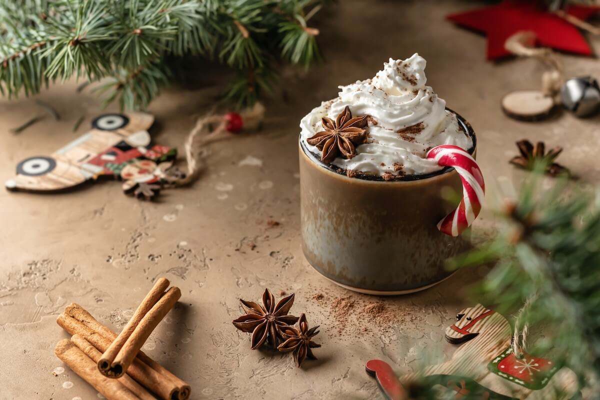 Shutterstock: Hot cocoa with whipped cream and candy cane on festive brown table decorated with fir branches. Christmas food and drink concept. Text space, horizontal