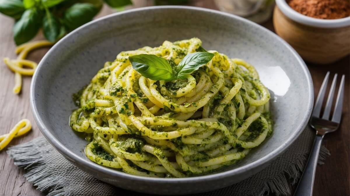 Shutterstock: Trofie al Pesto - Twisted Pasta with Pesto: Short, twisted pasta tossed in aromatic basil pesto sauce. A Ligurian specialty bursting with fresh flavor.