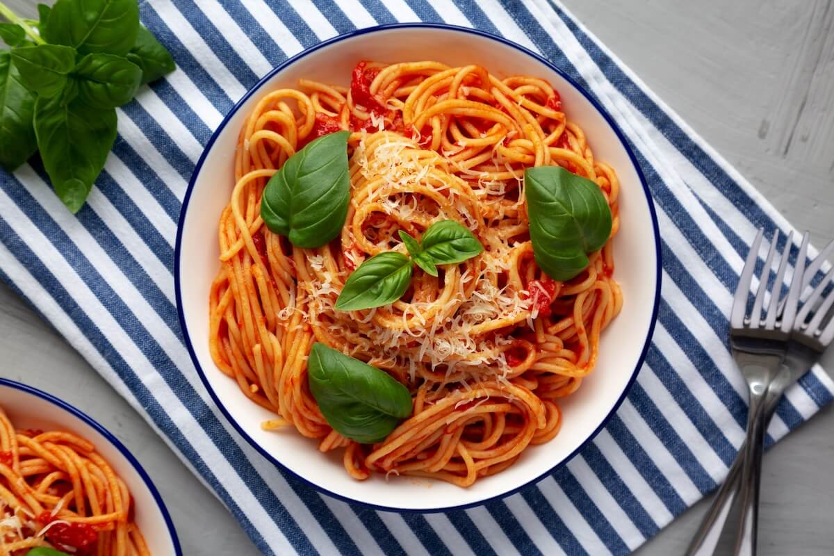 Shutterstock: Homemade Pasta Pomodoro on a Plate, top view. Flat lay, overhead, from above.