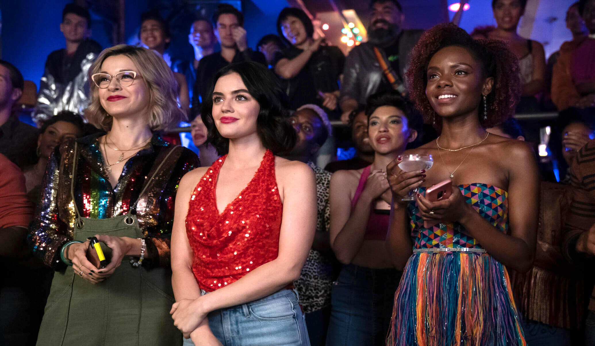 Katy Keene -- "Chapter Two: You Can't Hurry Love" -- Image Number: KK102B_0049bc.jpg -- Pictured (L-R): Julia Chan as Pepper Smith, Lucy Hale as Katy Keene and Ashleigh Murray as Josie McCoy