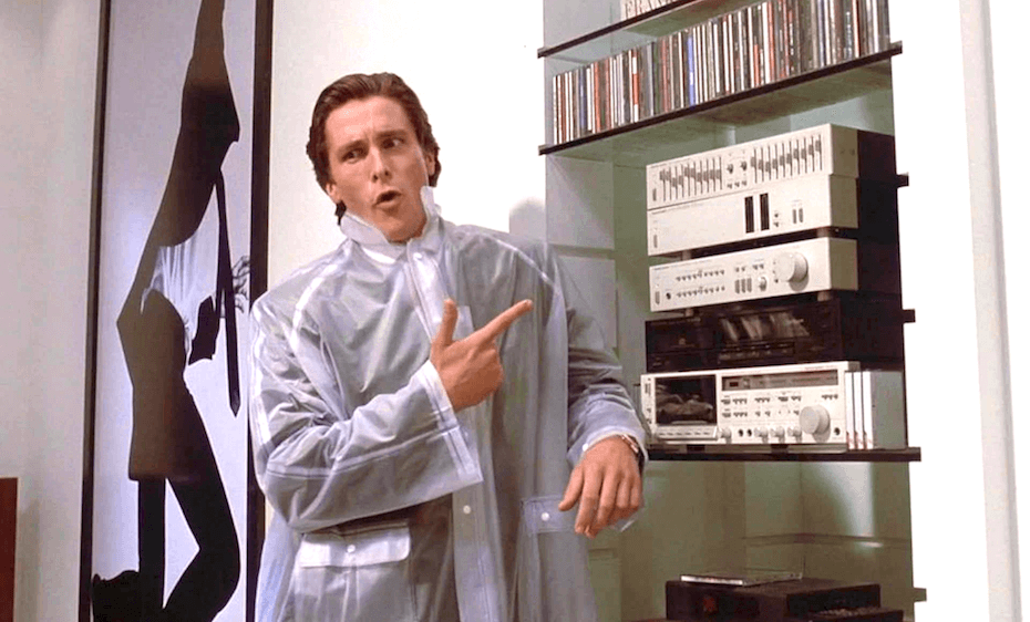 American Psycho: Patrick Bateman pointing at music oollection