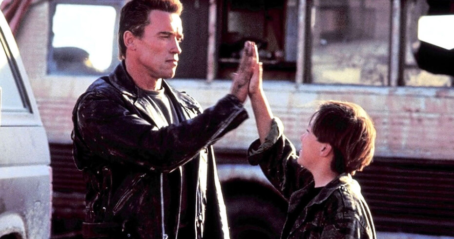 Terminator 2: Judgment Day - Arnold Schwarzenegger and Edward Furlong high-five T-800 and John Connor