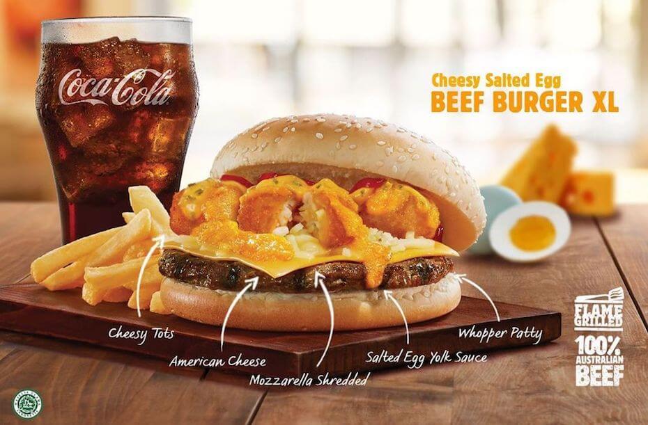 Instagram @burgerking.id cheesy salted egg beef burger