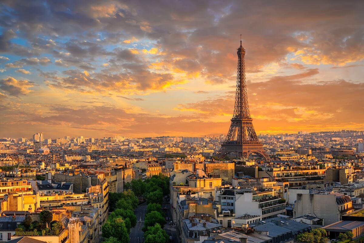 Shutterstock: Skyline of Paris with Eiffel Tower in Paris, France. Panoramic sunset view of Paris