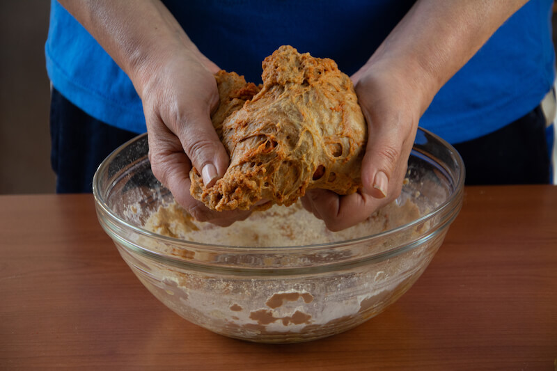 Shutterstock: Mature woman doing the seitan cooking process at home. How to prepare seitan at home vegan meat