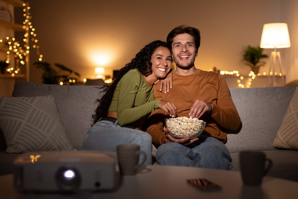 couple having a home movie date night