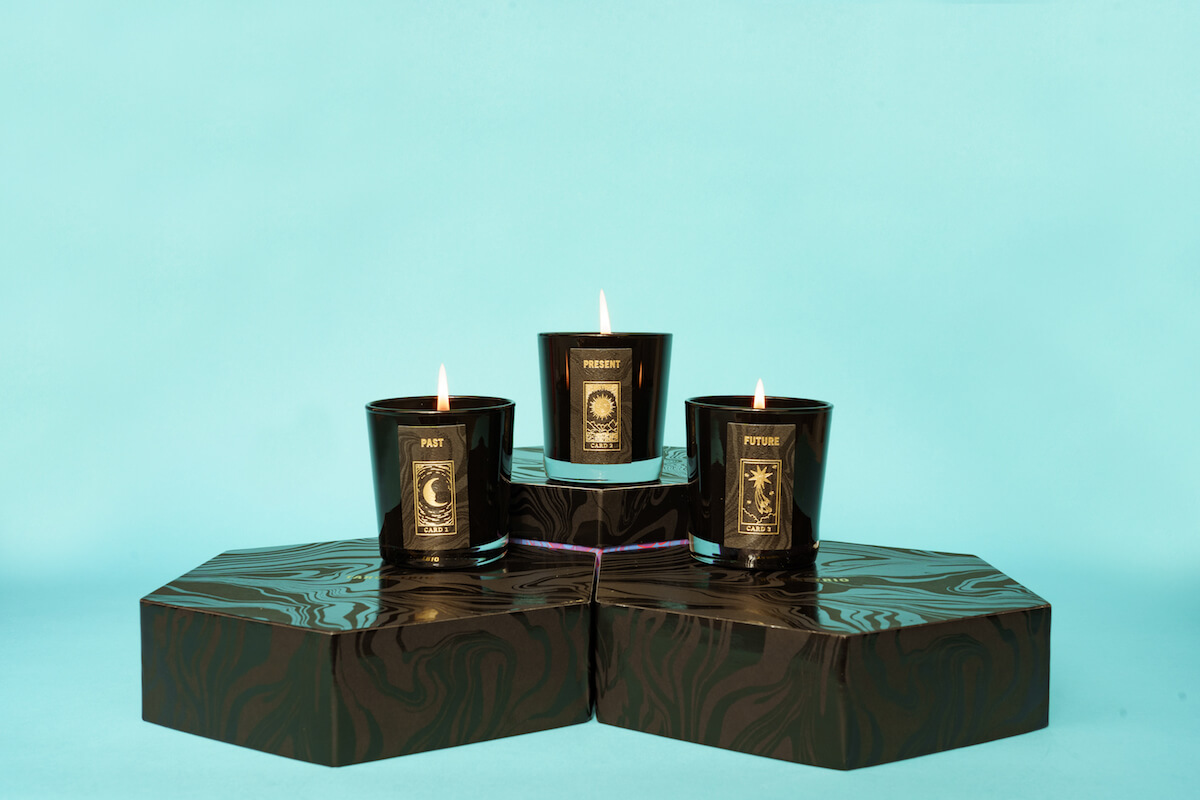 Birthdate Co. tarot trio candles burning