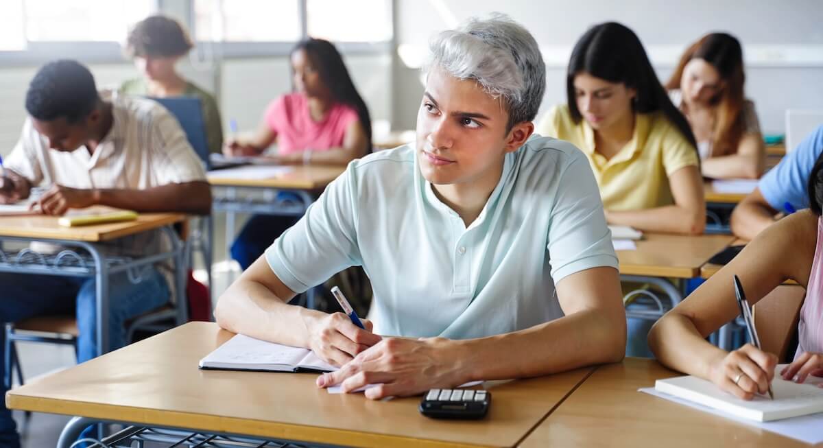 Shutterstock: Young hispanic student taking notes during High School lesson in classroom with classmates