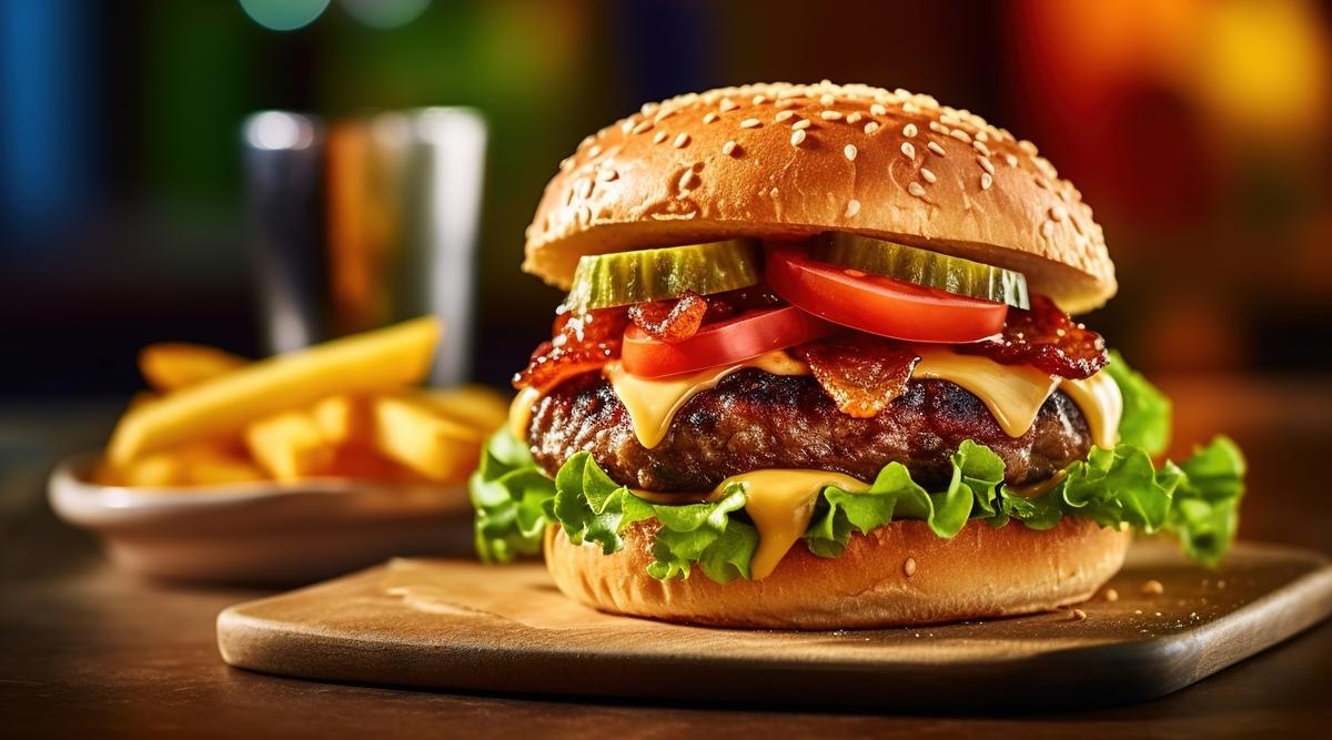 a classic cheeseburger with many toppings featured