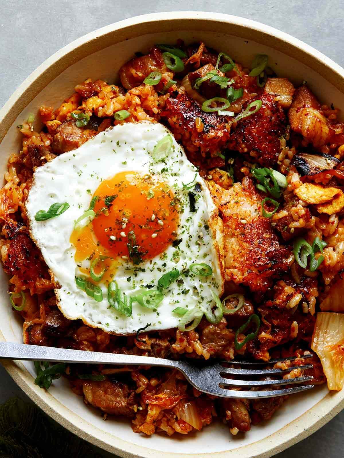 spoon fork bacon kimchi fried rice
