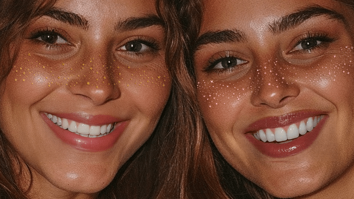 Fazit: Two women wearing orange and pink glitter freckles