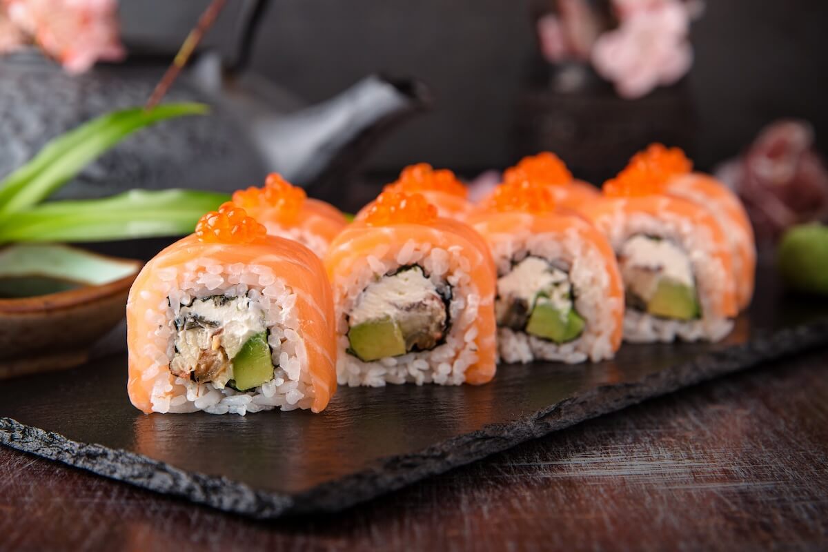 Shutterstock: Philadelphia roll sushi with salmon, smoked eel, cucumber, avocado, cream cheese, red caviar. Sushi menu. Japanese food.