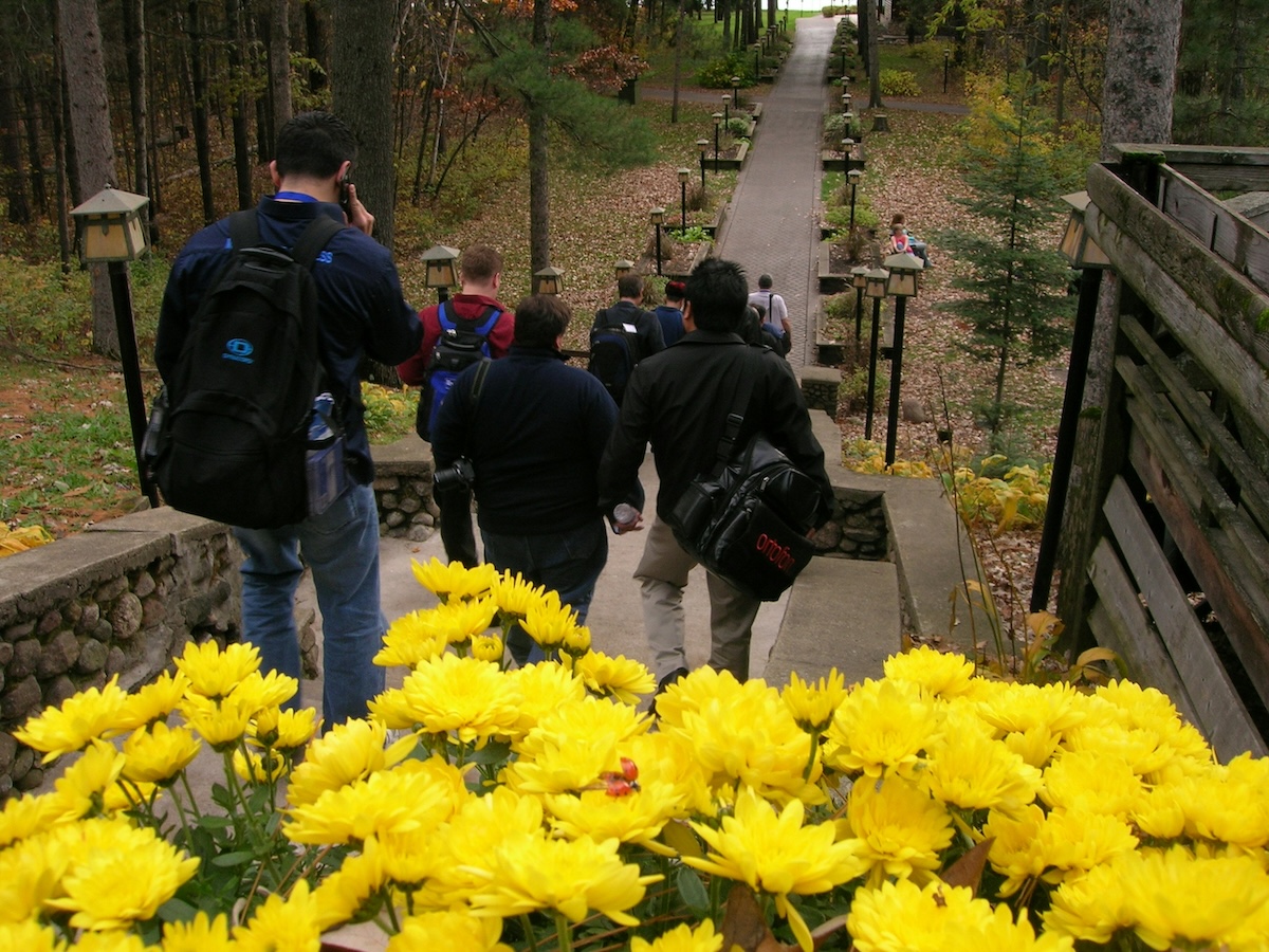 Unsplash: Students walking down school steps with yellow flowers by John McArthur