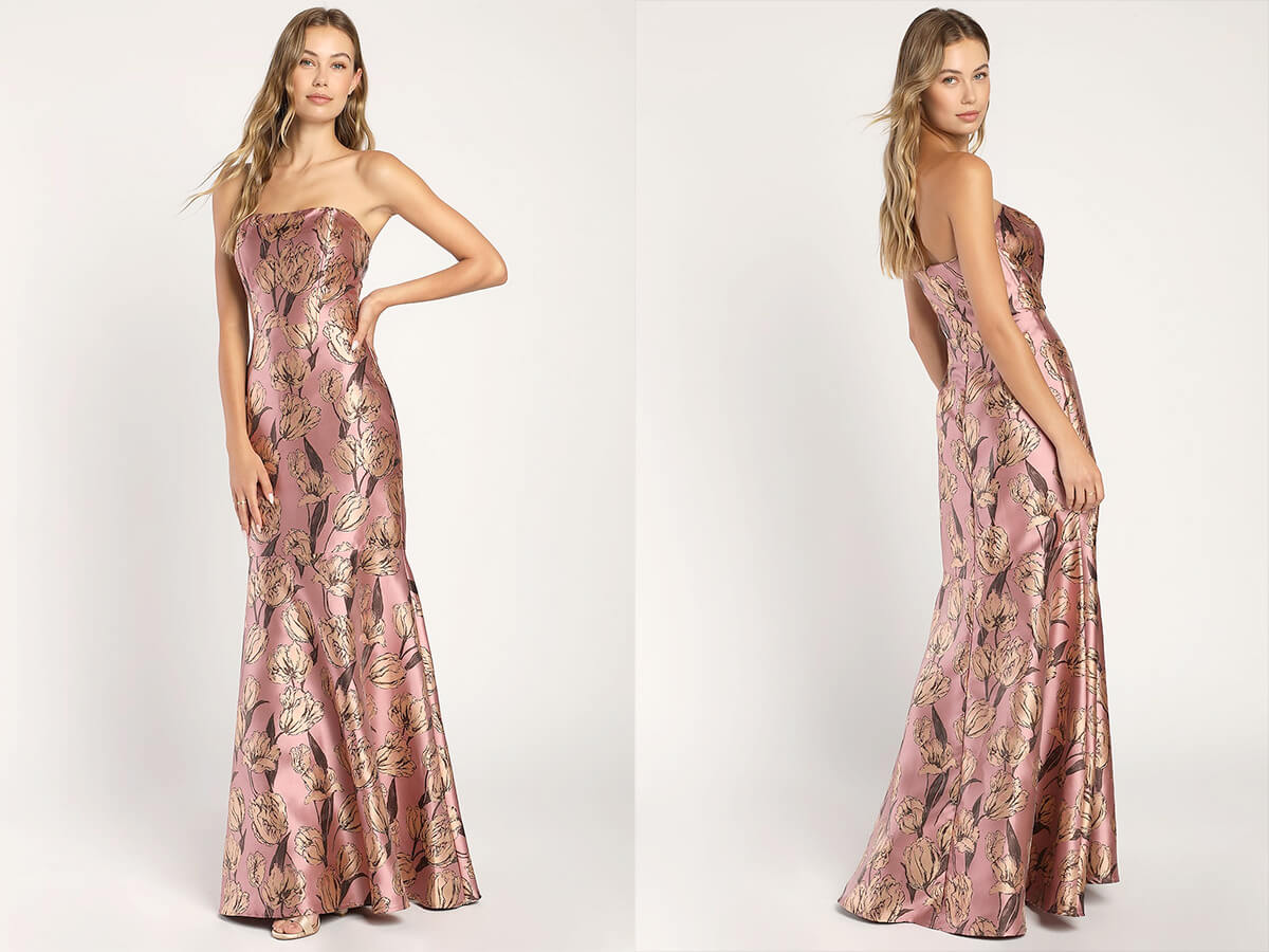 Lulus Gowning Around Mauve Floral Jaquard Strapless Maxi Dress
