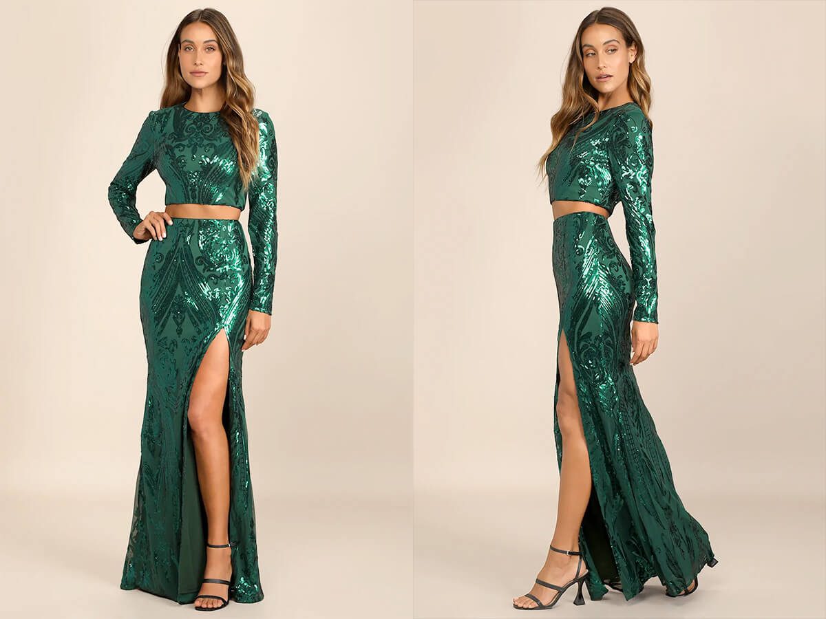 Lulus Luxe Aesthetic Green Sequin Long Sleeve Two Piece Maxi Dress