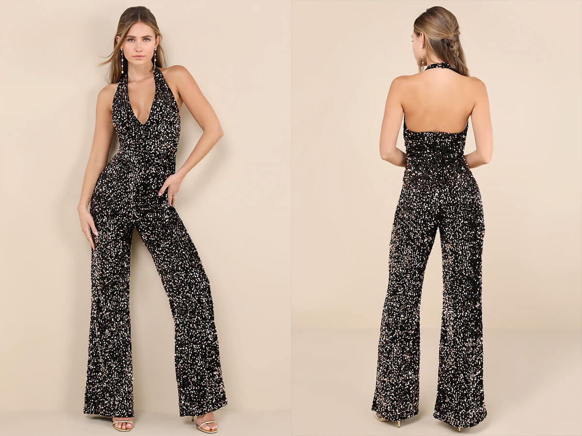 Lulus Mesmerizing Diva Black Sequin Wide Leg Halter Jumpsuit