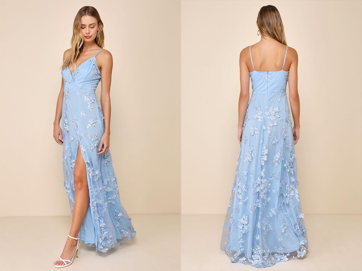 Lulus Rare Presence Powder Blue 3D Floral Surplice Maxi Dress