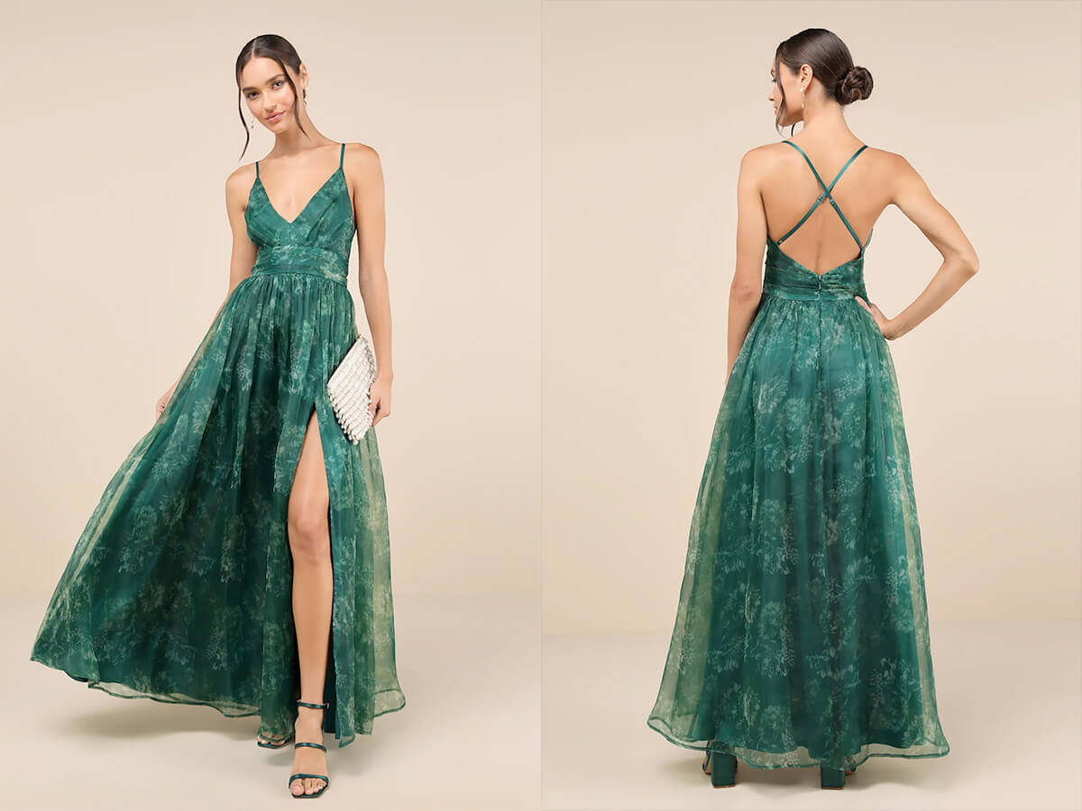 Lulus Romance That Wows Green Floral Print Organza Maxi Dress