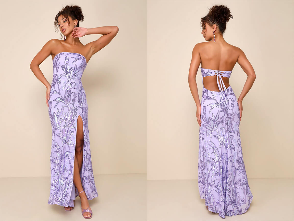 Lulus Shimmering Icon Lavender Sequin Lace Up Strapless Maxi Dress