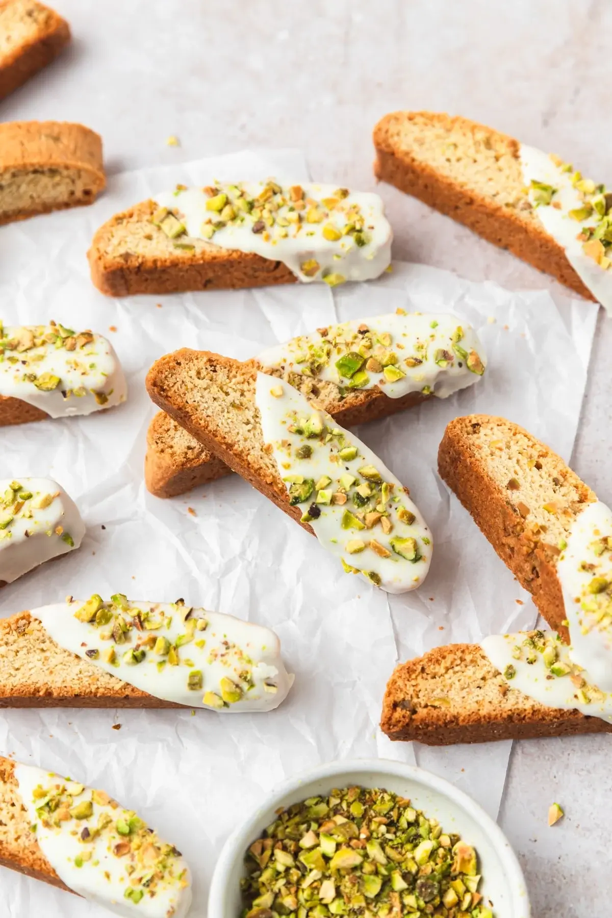 barley and sage white chocolate pistachio biscotti