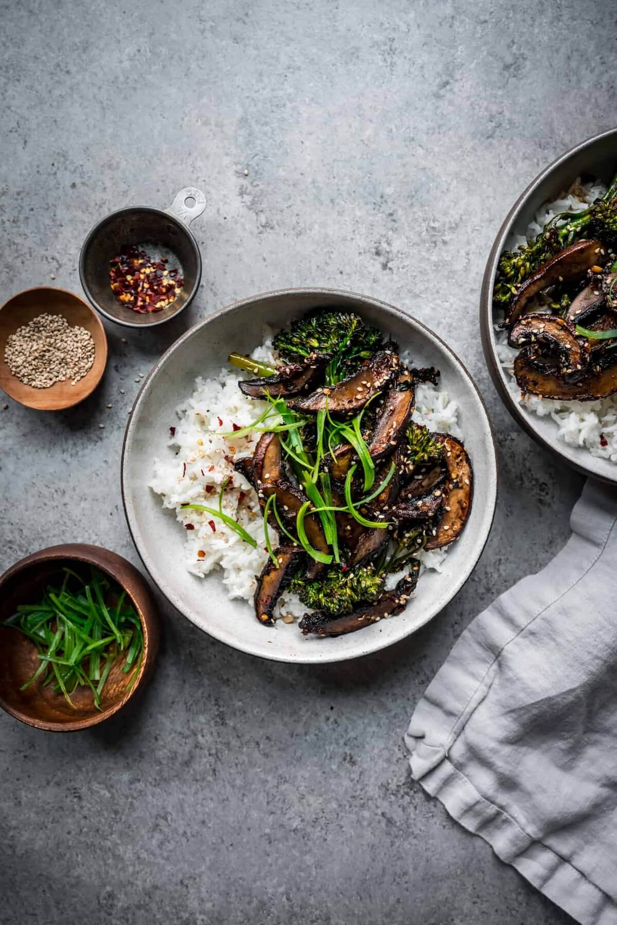 crowded kitchen teriyaki mushroom bowls