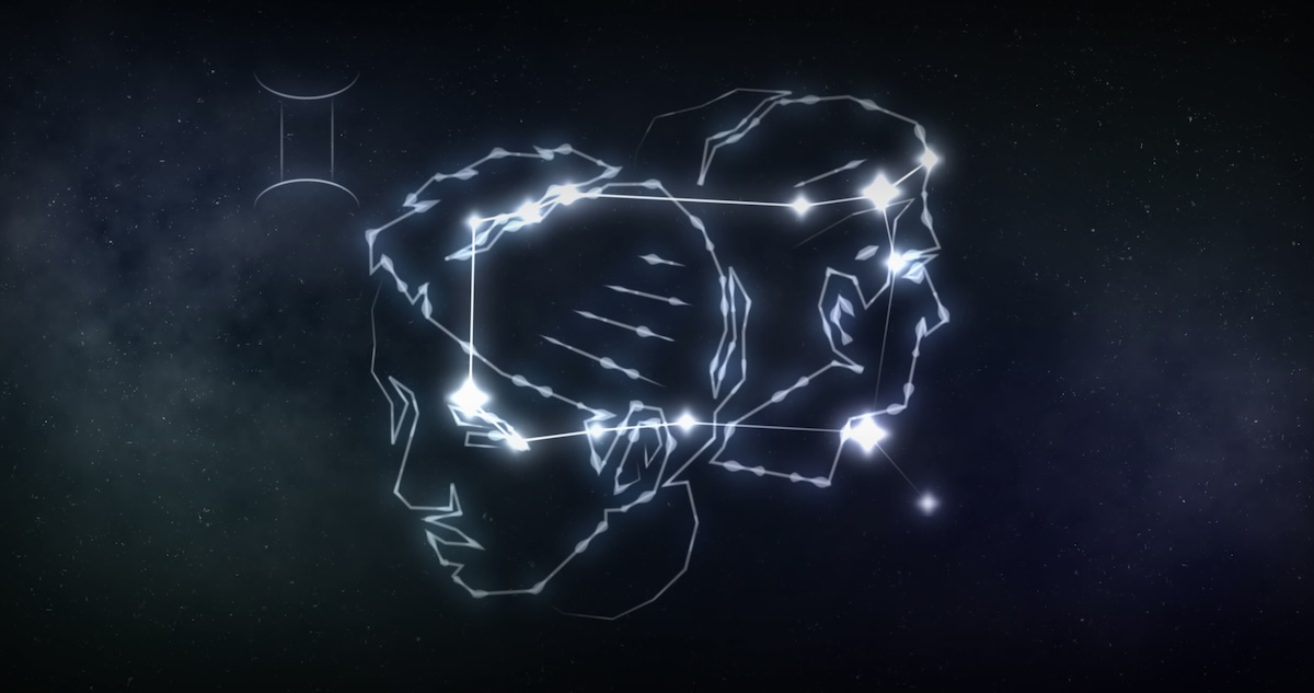 Shutterstock: Image of gemini sign with stars on black background. Zodiac signs, stars and horoscop concept digitally generated image.