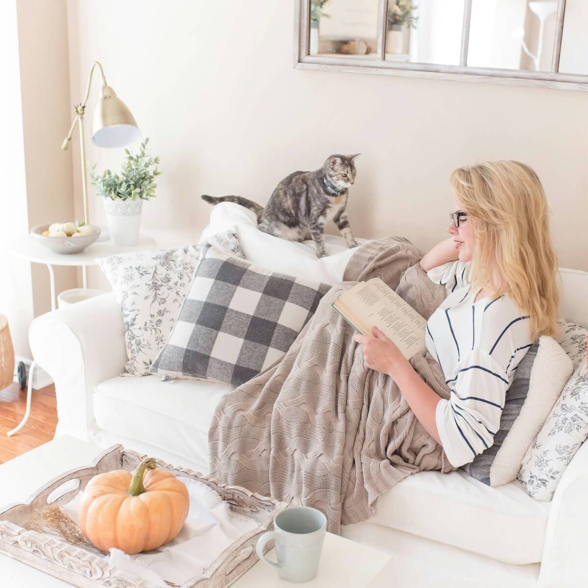 Unsplash: Cozy woman reading in couch with cat by Paige Cody