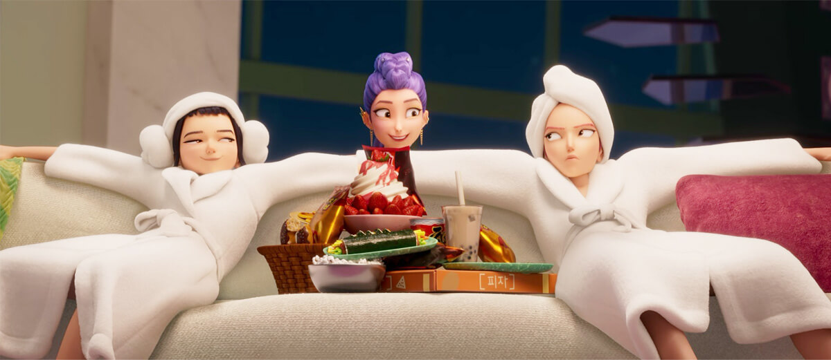 KPop Demon Hunters: Huntrix on couch with snacks and pizza box