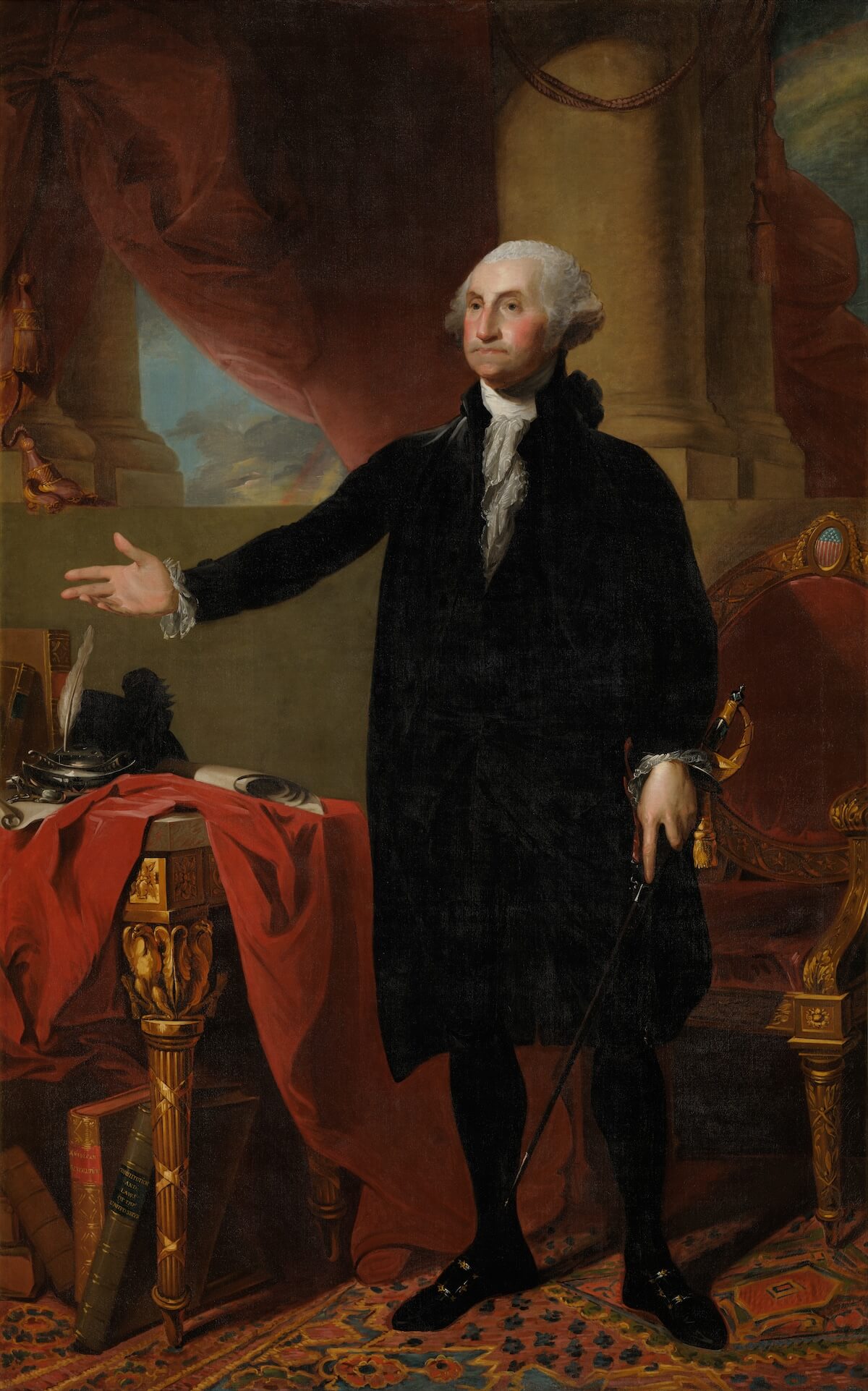 rawpixel: This is a copy of Stuart's Lansdowne portrait of George Washington, hanging in the White House. It can be identified as a copy by the intentionally misspelled "United States" on the book in the lower left. The original is on display in the US National Portrait Gallery.