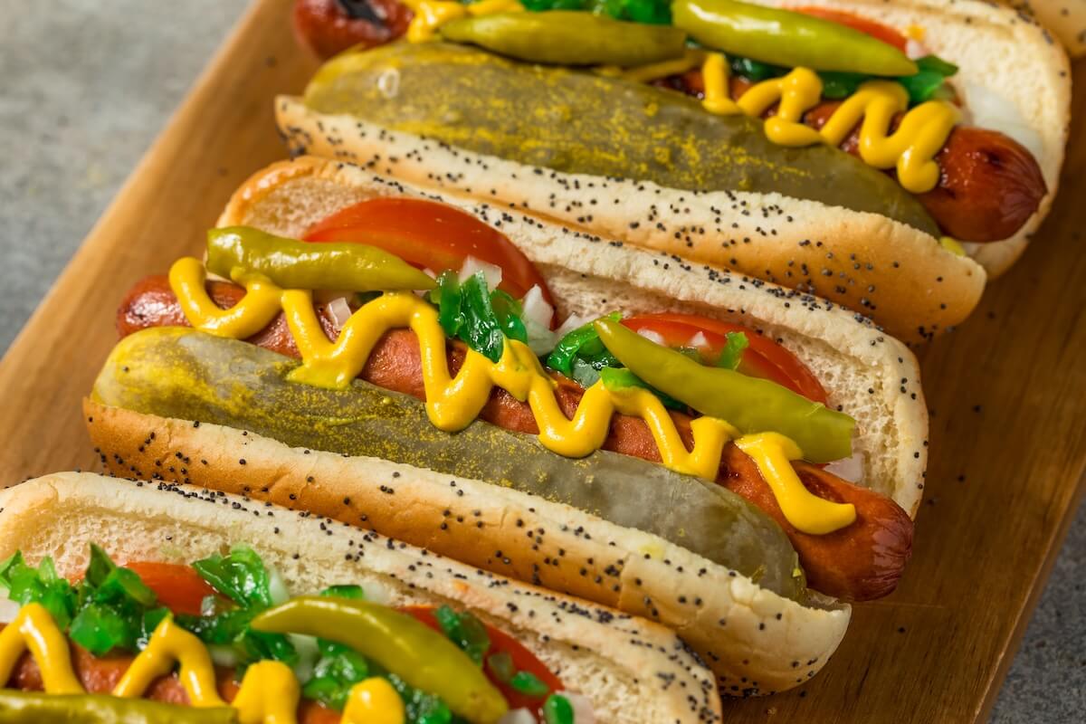 Shutterstock: Chicago Style Hot Dogs with Mustard Relish and Sport Peppers