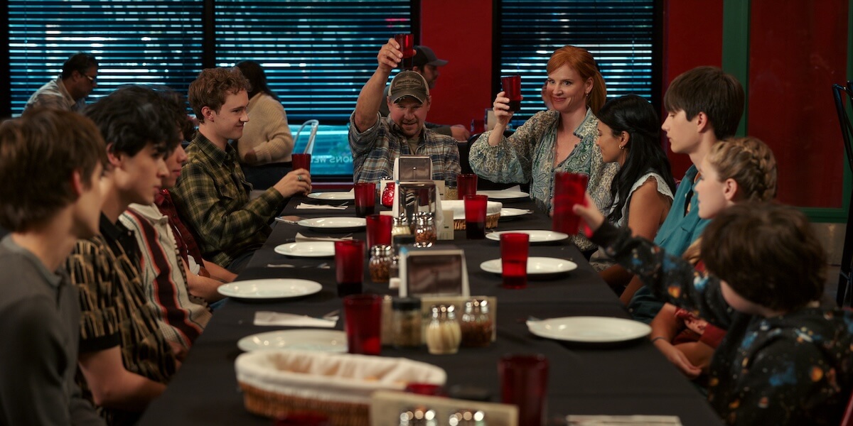 Netflix: My Life with the Walter Boys. (L to R) Corey Fogelmanis as Nathan, Isaac Arellanes as Isaac, Myles Perez as Lee, Connor Stanhope as Danny, Marc Blucas as George, Sarah Rafferty as Katherine, Nikki Rodriguez as Jackie, Dean Petriw as Jordan, Alix West Lefler as Parker, Lennix James as Benny in episode 201 of My Life with the Walter Boys. Cr. Courtesy of Netflix © 2025