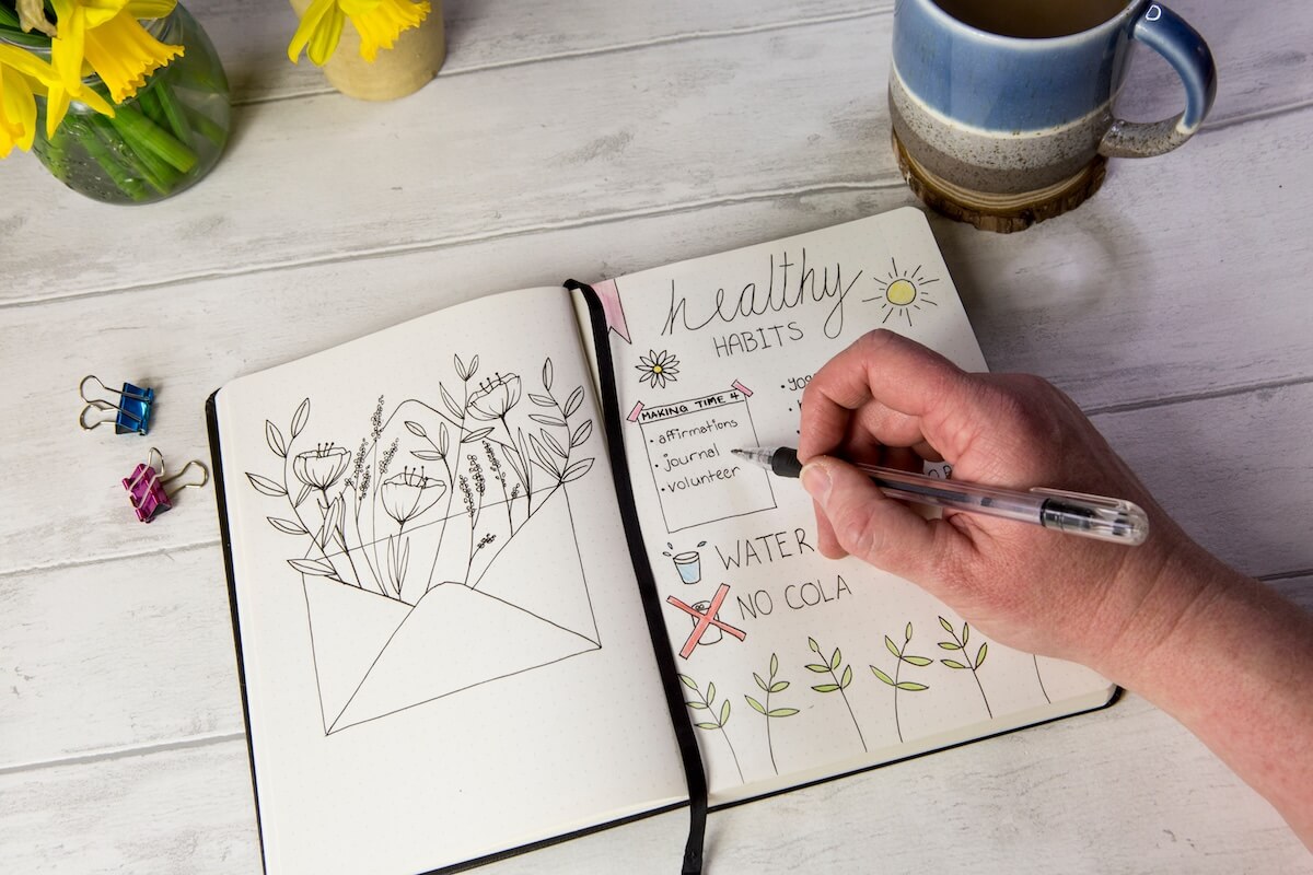 Shutterstock: Bullet journal open on self care healthy habits layout pages with hand holding pen. Over shoulder view, fresh white table background, flowers, positive mental health message.