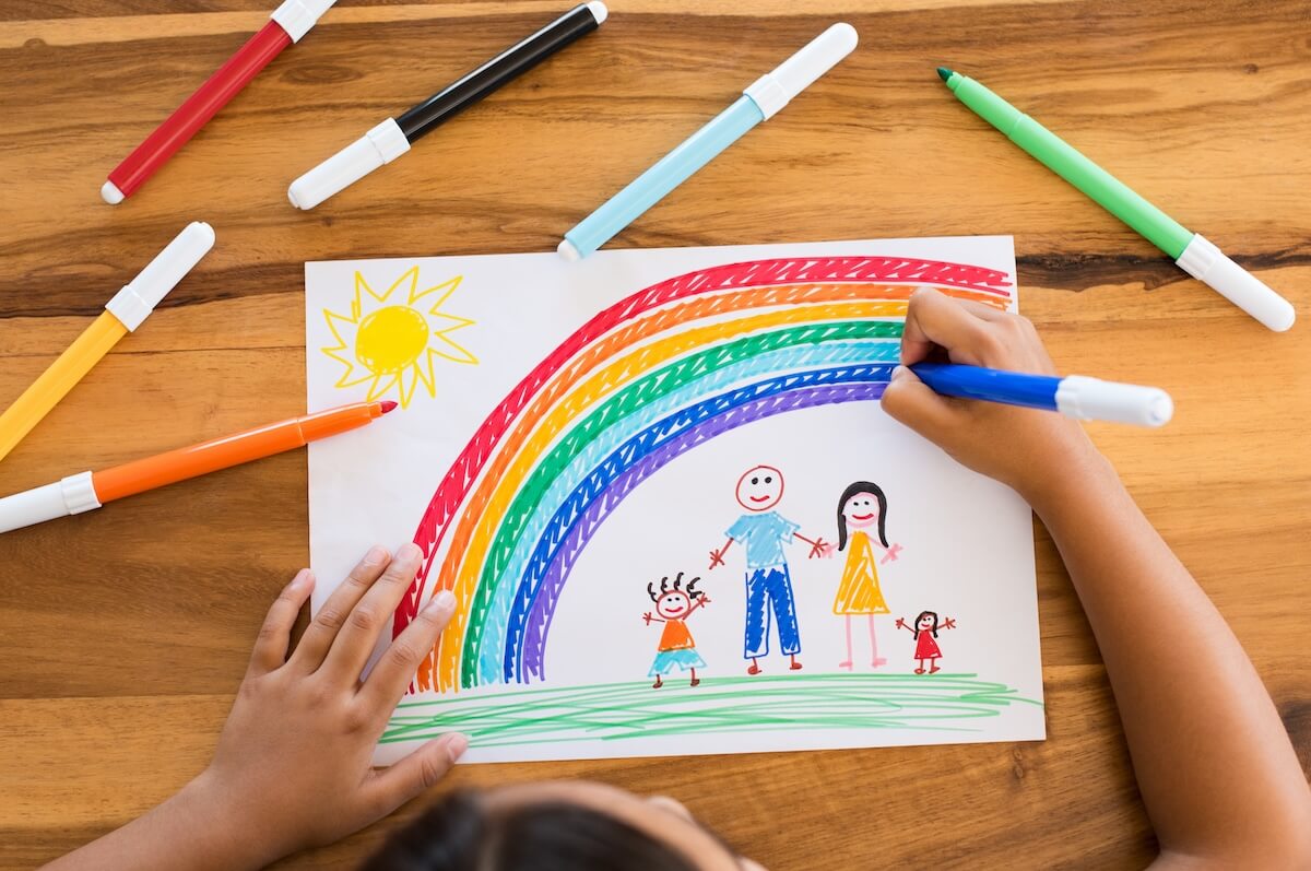Shutterstock: Top view of little girl's hands painting happy family with marker on white paper. Drawing sheet with artwork by daughter on table. Little girl using marker to make family painting with rainbow.