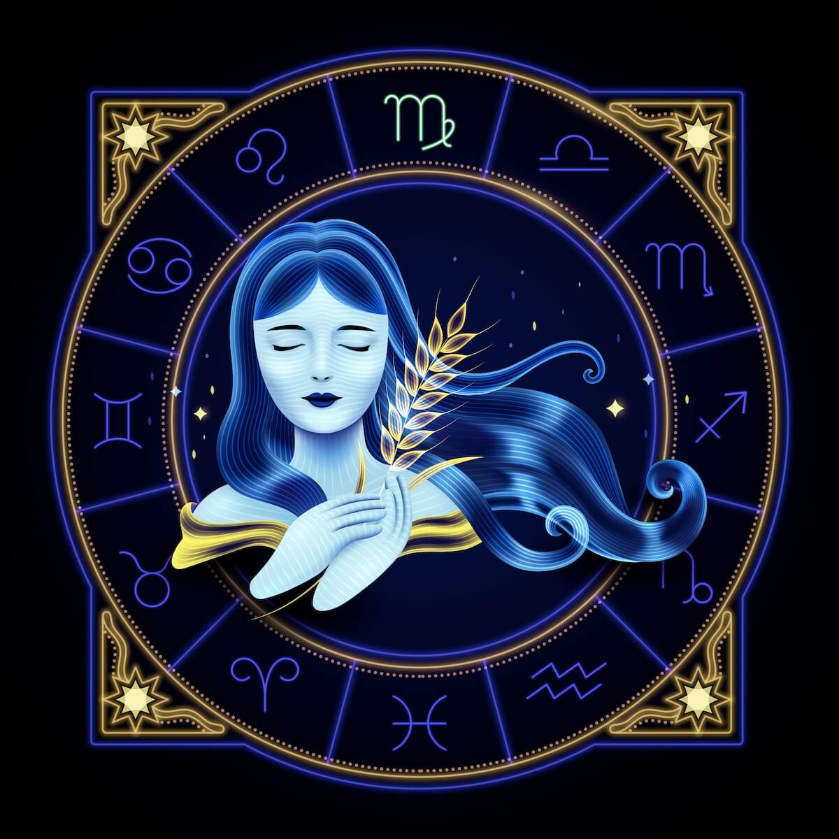 Shutterstock: Virgo zodiac sign represented by a young maiden carrying a sheaf of wheat. Neon horoscope symbol in circle with other astrology signs sets around.