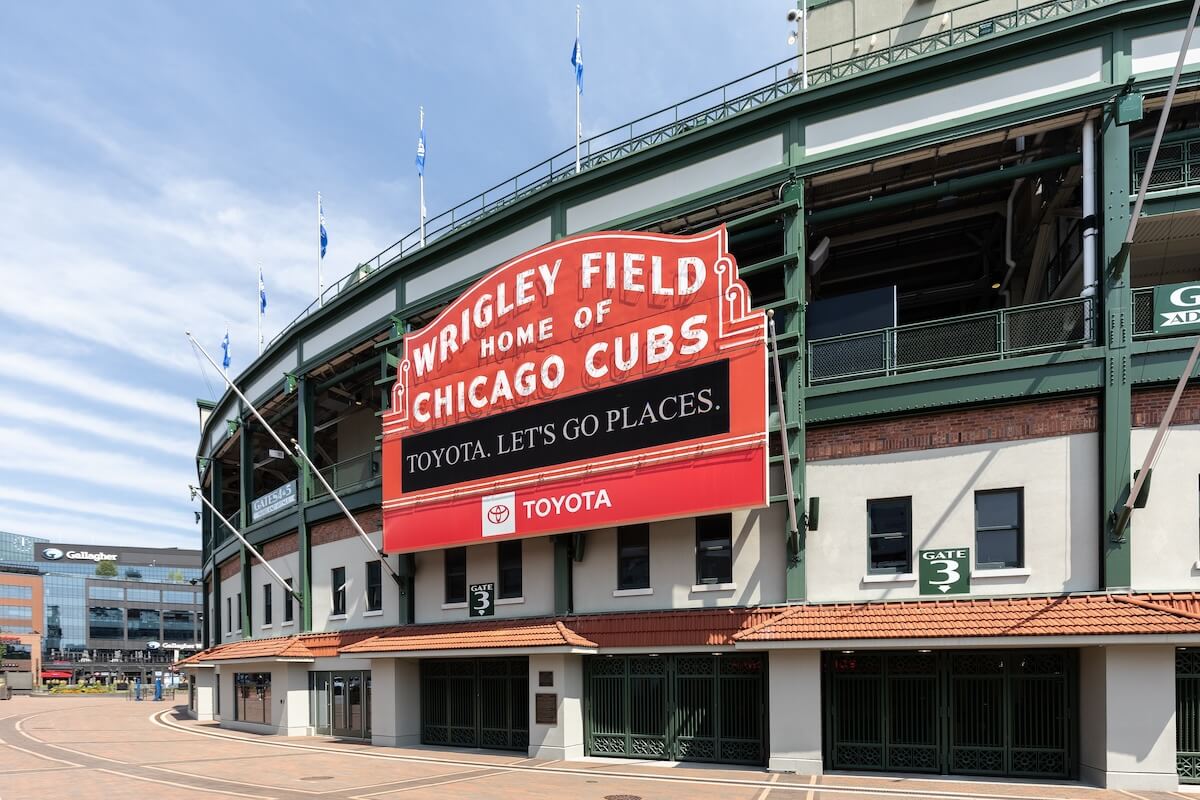 Shutterstock: Chicago, IL, USA - August 14, 2024: The exterior Major League Baseball's Chicago Cubs' Wrigley Field stadium in the Wrigleyville neighborhood of Chicago.