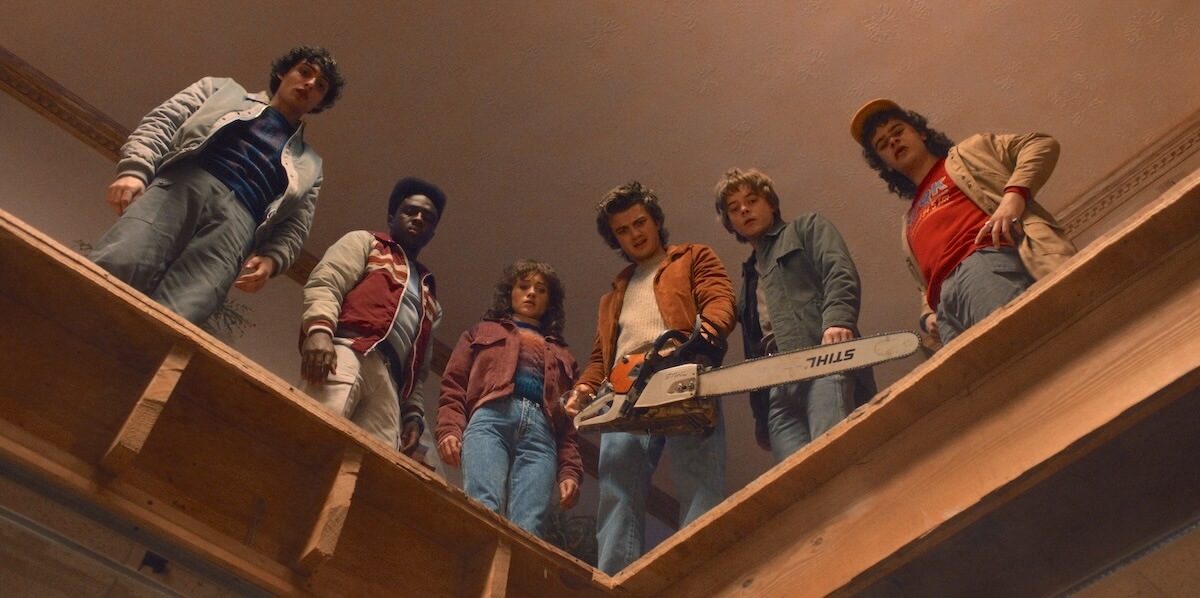 Netflix: STRANGER THINGS. (L to R) Finn Wolfhard as Mike Wheeler, Caleb McLaughlin as Lucas Sinclair, Natalia Dyer as Nancy Wheeler, Joe Keery as Steve Harrington, Charlie Heaton as Jonathan Byers, and Gaten Matarazzo as Dustin Henderson in STRANGER THINGS. Cr. Courtesy of Netflix © 2025