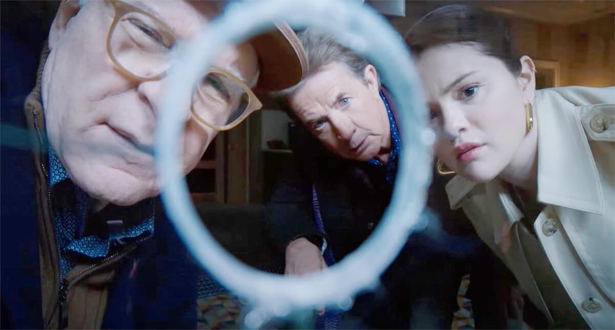 Only Murders in the Building: Season 4 opening episode Charles, Oliver and Mabel looking through bullet hole
