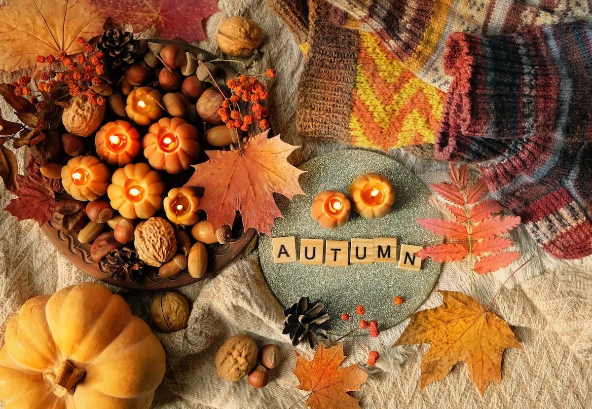 Shutterstock: autumn cozy background. pumpkin, decorative burning candles, acorns, nuts, fallen leaves on plaid backdrop. Fall season. symbol of harvest, Mabon, Thanksgiving, Halloween. flat lay