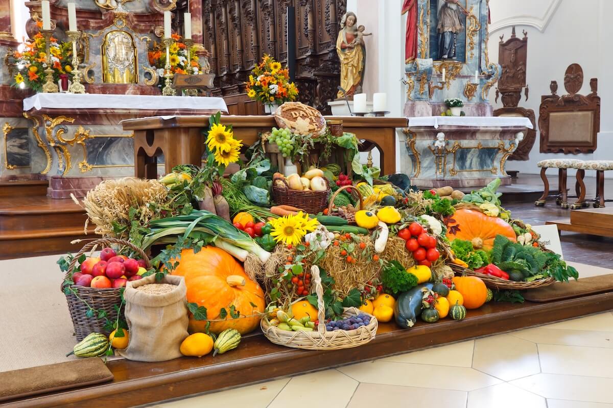 Shutterstock: Traditional Harvest Festival Altar (Erntedankaltar) at a catholic church in Germany.