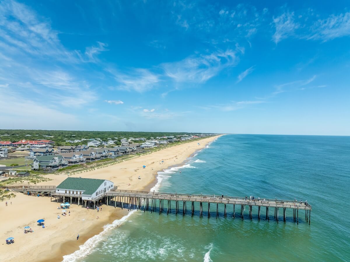 Shutterstock: Aerial view of the Kitty Hawk Pier and beach popular tourist vacation destination in the Outer Banks, North Carolina