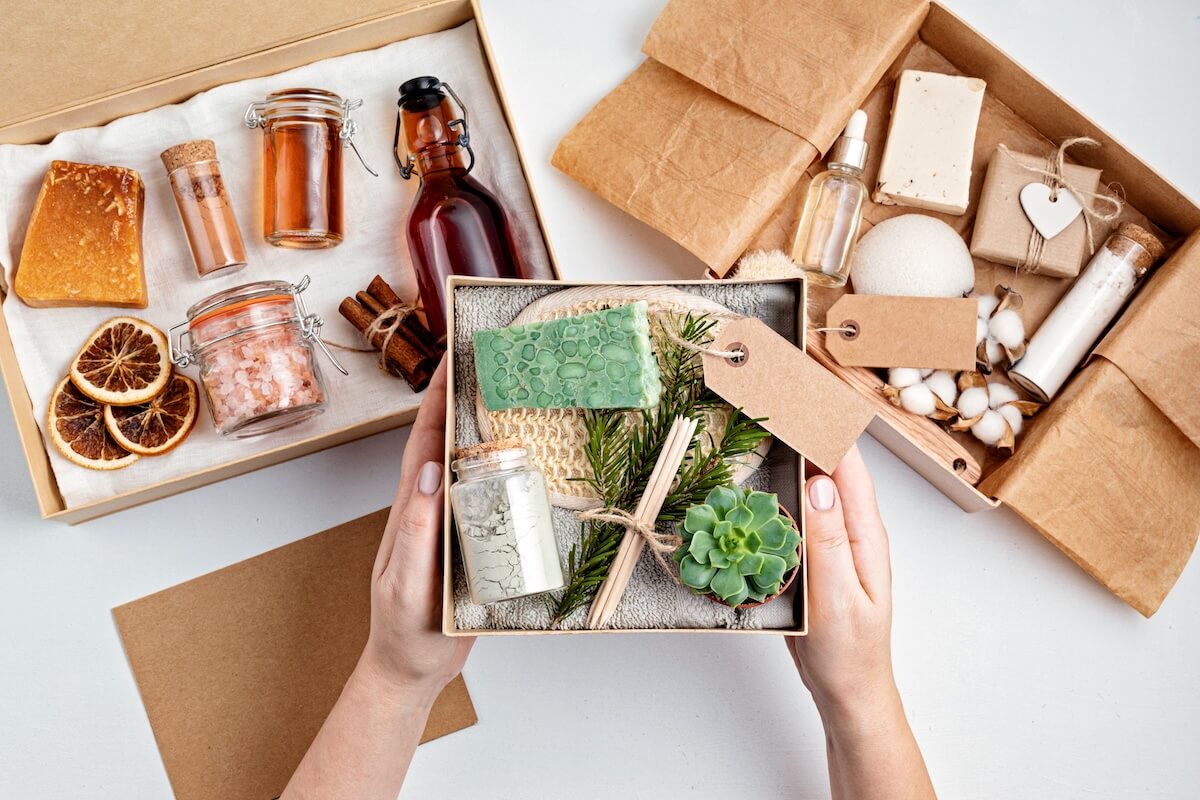 Shutterstock: Preparing self care package, seasonal gift box with plastic free zero waste cosmetics products. Personalized eco friendly basket for family and friends for thankgiving, christmas, mothers day