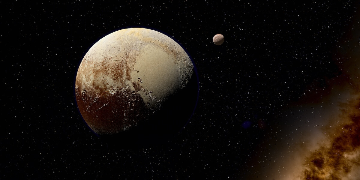 Shutterstock: Pluto Planet with Charon Moon 3d illustration - Pluto is a dwarf planet and it's moon Charon that orbits the sun in the Kuiper Belt.